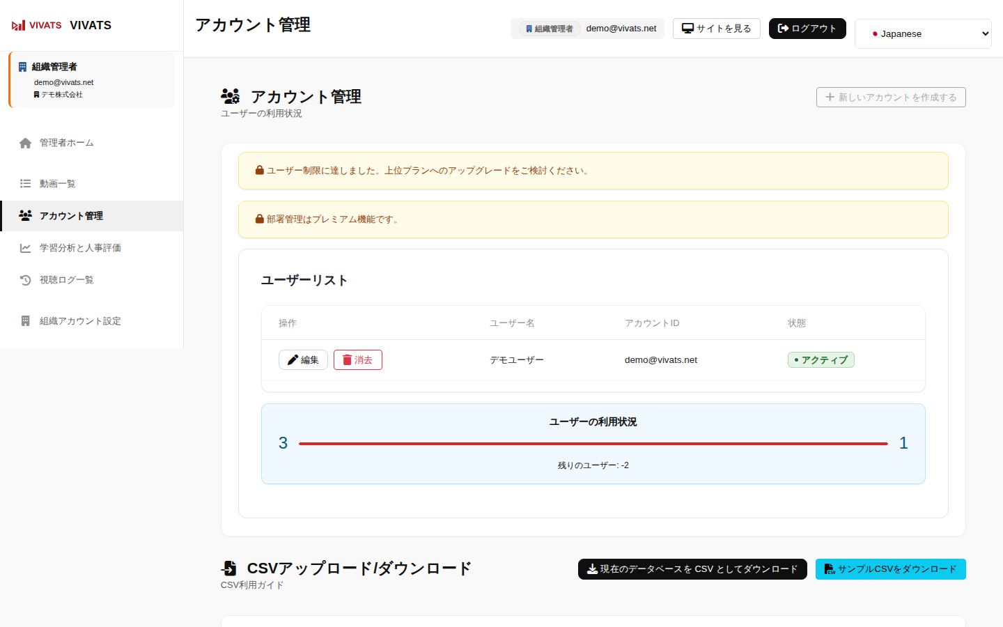 アカウント管理画面